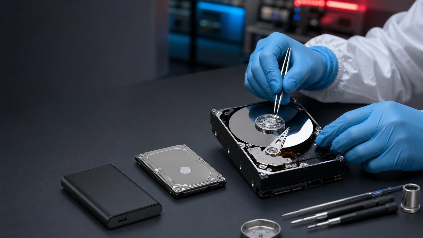 Técnico da UTI dos Dados abrindo um HD em bancada de laboratório, manuseando os pratos com uma pinça