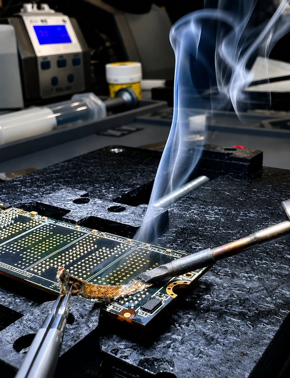 Rework de BGA em placa de SSD na bancada da UTI dos Dados — dessoldagem de chip com estação de solda