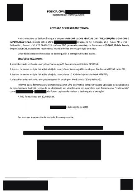 Atestado de capacidade técnica (Polícia Civil · Instituto de Criminalística), com os dados do emitente ocultados por tarjas