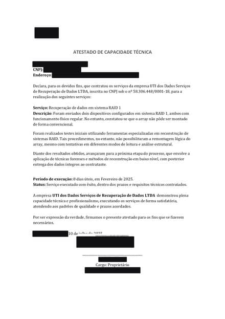 Atestado de capacidade técnica (Empresa de aviação agrícola), com os dados do emitente ocultados por tarjas
