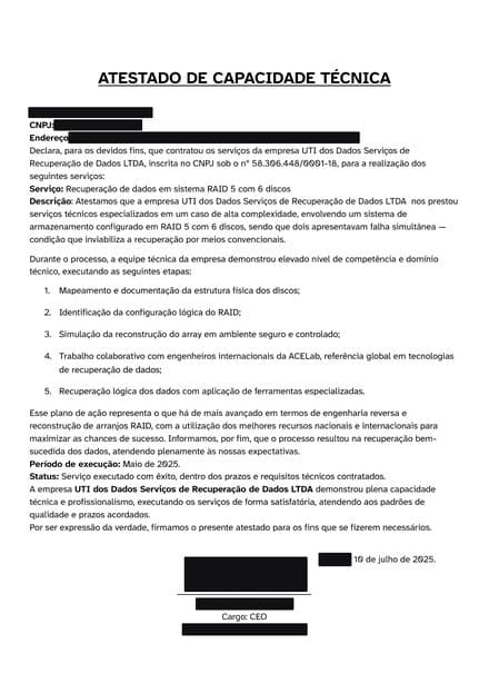 Atestado de capacidade técnica (Empresa de datacenter), com os dados do emitente ocultados por tarjas