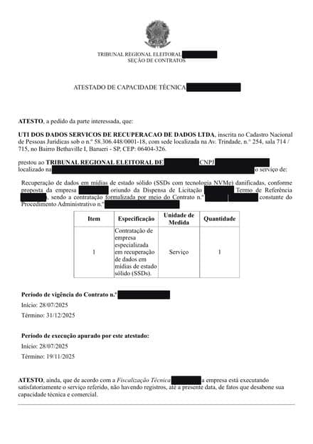 Atestado de capacidade técnica (Tribunal da Justiça Eleitoral), com os dados do emitente ocultados por tarjas